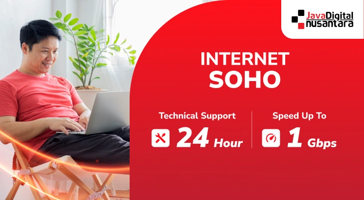 Banner layanan internet soho dari Java Digital Nusantara dengan kecepatan hingga 1 Gbps dan dukungan teknis 24 jam