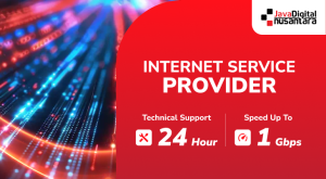 Banner layanan internet service provider dari Java Digital Nusantara dengan kecepatan hingga 1 Gbps dan dukungan teknis 24 jam