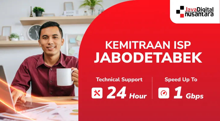 Banner kemitraan ISP Jabodetabek dari Java Digital Nusantara dengan peta wilayah Jabodetabek dan simbol konektivitas internet berkualitas