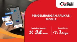 Ilustrasi pengembangan aplikasi mobile dengan perangkat smartphone dan laptop