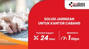 Ilustrasi jaringan antar kantor cabang yang saling terhubung dengan pusat data.